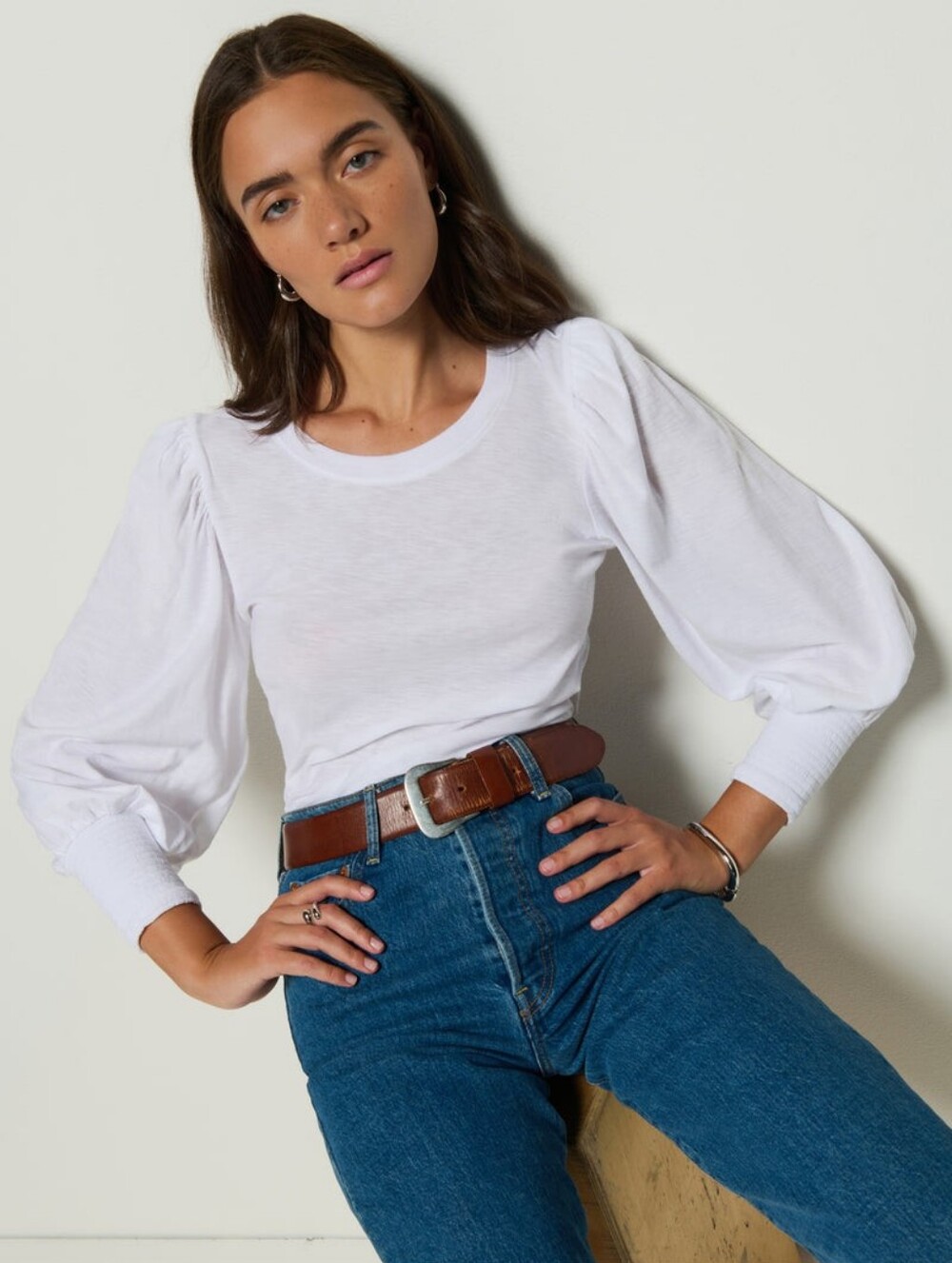 Nation Loren Burnout Off White Puff-Sleeve Crewneck Top